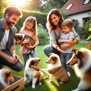Eine Familie besucht einen Collie Züchter und lässt sich beraten bevor sie einen kleinen Welpen kaufen