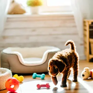 Der kleine süße Curly Coated Retriever Welpe erkundet sein neues Zuhause