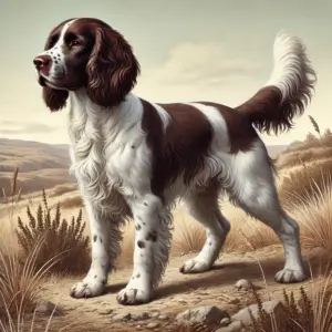Ein mittelgroßer English Springer Spaniel aus der Arbeitslinie in einer natürlichen, robusten Umgebung