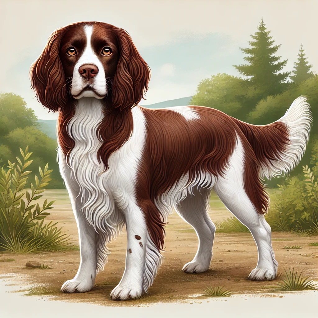 Ein English Springer Spaniel in leberweißer Fellfarbe steht auf einem Wiesen-Weg