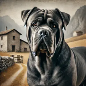 Ein Cane Corso der europäischen Linie steht in einer natürlichen, rauen Landschaft Europas, zeigt einen kraftvollen und muskulösen Körperbau mit kurzem, dichtem Fel