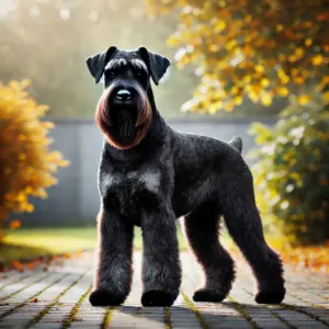 Ein Riesenschnauzer aus der europäischen Linie mit einem dichten, rauen Fell in Schwarz und Pfeffer-Salz. Der Hund steht draußen in einer vielseitigen Umgebung und zeigt seine Robustheit und Anpassungsfähigkeit als Familien- und Arbeitshund