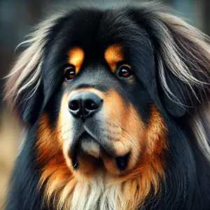 Nahaufnahme eines Tibetan Mastiffs in Schwarz, Braun und Blau-Tan, die markante Farbvariationen der Rasse zeigen