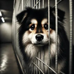 Trauriger Finnischer Lapphund in Not sitzt im Tierheim und wartet hoffnungsvoll auf Adoption