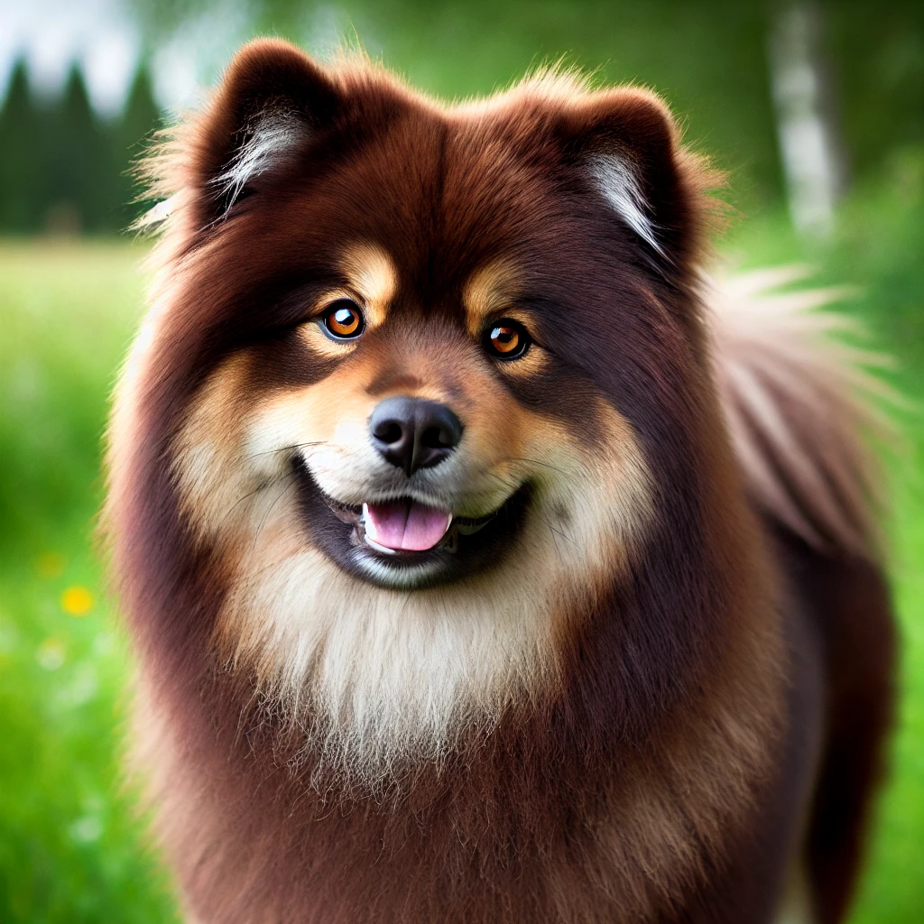 Ein brauner Finnischer Lapphund steht in einer grünen Wiese. Sein Fell ist ein sattes Schokoladenbraun mit helleren cremefarbenen Markierungen an Brust und Beinen