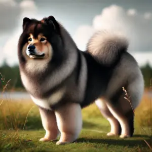 Ein finnischer Lapphund mit einem kürzeren Fell als üblich, dargestellt in einer grünen, natürlichen Umgebung mit leicht bewölktem Himmel