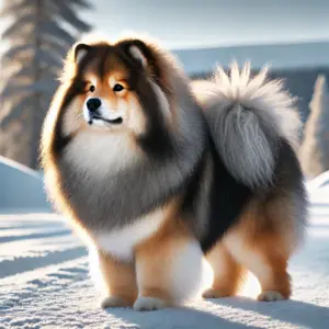 Ein majestätischer finnischer Lapphund mit langem, dichtem Fell in einer verschneiten nordischen Landschaft. Der Hund hat eine üppige Mähne und eine buschige Rute, die seine wetterfeste, klassische Erscheinung betonen. Perfekte Darstellung des langhaarigen Typs.