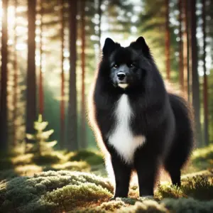 Ein schwarzer Finnischer Lapphund steht in einem ruhigen Wald mit sanftem Sonnenlicht, das durch die Bäume fällt