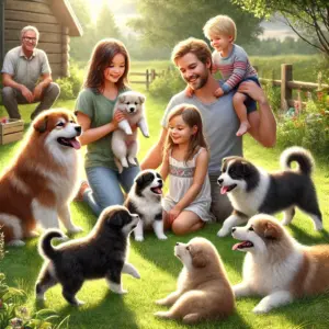 Eine Familie im Garten eines Finnischen Lapphund Züchters informiert sich über die Rasse vor dem Kauf eines Welpen