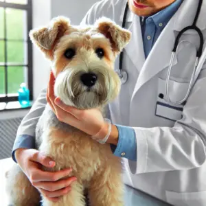 Glen of Imaal Terrier wird sanft von einem Tierarzt in einer hellen und professionellen Tierklinik untersucht
