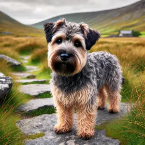 Glen of Imaal Terrier mit dezent gestromtem Fell aus dunklen und hellen Streifen, stehend auf einem natürlichen Pfad in einer malerischen irischen Landschaft, umgeben von Gras und Felsen