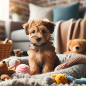 Ein kleiner Glen of Imaal Terrier Welpe sitzt in einer gemütlichen Umgebung, umgeben von Spielzeug und Decken