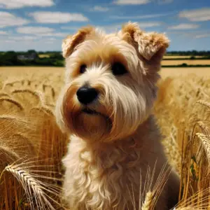Irish Glen of Imaal Terrier mit warmem, weizenfarbenem Fell sitzt in einem goldenen Feld unter sonnigem Himmel