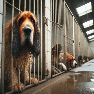 Ein trauriger Grand Basset Griffon Vendéen in Not sitzt hinter Gittern in einem Tierheimkäfig und wartet auf Adoption und zweite Chance
