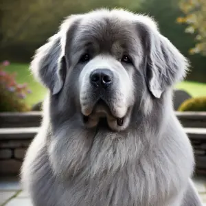 Ein schöner grauer Neufundländer mit einem eleganten silber-grauen Fell, der in einer naturnahen Umgebung sitzt