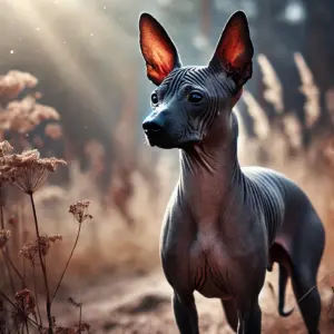 Ein haarloser Xoloitzcuintli mit glatter, dunkler Haut und feinen Haarbüscheln an Kopf, Pfoten und Schwanzspitze