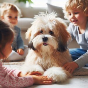 Ein fröhliches Löwchen spielt mit zwei kleinen Kindern in einem gemütlichen Wohnzimmer