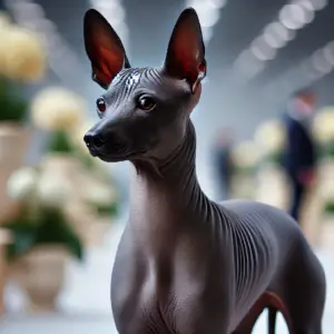 Ein Xoloitzcuintli aus der internationalen Zuchtlinie: ein großer, eleganter haarloser Hund mit makelloser, glatter Haut in einer dunklen, gleichmäßigen Farbe