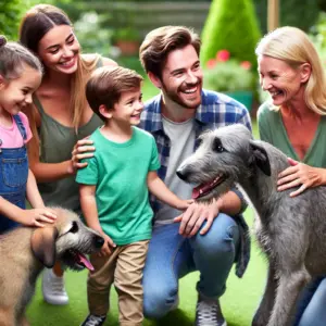 Eine Familie besucht einen Züchter und informiert sich über die Rasse um danach einen irischen Wolfshund Welpen zu kaufen