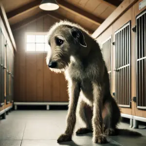 Trauriger Irischer Wolfshund sitzt allein in einem Tierheim in Not und wartet auf Adoption und zweite Chance