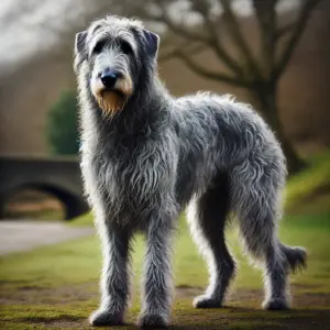 Majestätischer grauer Irischer Wolfshund in einer natürlichen Umgebung, mit rauem grauen Fell und verschiedenen Grautönen