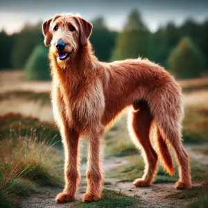 Roter Irischer Wolfshund mit warmem, rötlich-braunem Fell steht auf einem Wiesenweg mit Bäumen im Hintergrund