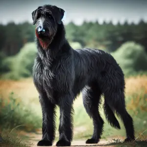 Schwarzer Irischer Wolfshund mit tiefschwarzem, glänzendem Fell, steht auf einem Waldweg