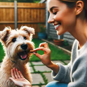 Glen of Imaal Terrier reagiert begeistert auf Training im Garten und bekommt ein Leckerli von seinem Besitzer
