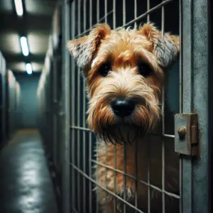 Ein Glen of Imaal Terrier in Not sitzt in einem düsteren Tierheim hinter einer Metallgittertür und wartet auf Adoption