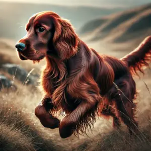  Ein Irish Setter aus der Arbeitslinie in einem natürlichen, rauen Gelände, kompakt und athletisch gebaut, mit kürzerem, funktionellem Fell in klassischem Rotton