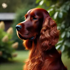 Ein Irish Setter mit rötlichem Fell und leichtem Braunstich im Freien. Der subtile braune Ton im Fell kommt besonders im natürlichen Licht zur Geltung und verleiht dem Hund eine warme Farbnuance.