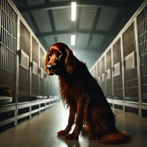 Ein Irish Setter sitzt traurig in einem Tierheim und wartet auf eine zweite Chance und Adoption