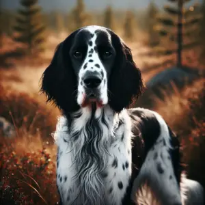 Ein English Setter mit schwarz-weißem Fell, stehend in natürlicher Umgebung. Die kontrastreichen Farben machen ihn ideal für die Jagd und heben ihn vom roten Irish Setter ab.