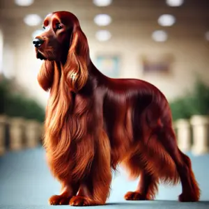 Ein eleganter Irish Setter aus der Showlinie, stehend in einem gepflegten, stilvollen Umfeld, mit langem, glänzendem Fell in leuchtendem Rotton, perfekt für den Showring.