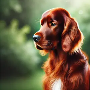 Ein Irish Setter mit kleinen weißen Markierungen auf der Brust, stehend anmutig in einer grünen Umgebung. Die weißen Abzeichen verleihen ihm einen einzigartigen Charme