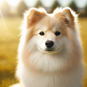 Cremefarbener Islandhund mit hellem Fell und weißen Markierungen, sitzt auf einem sonnigen Feld