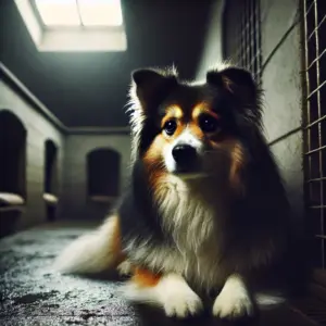 Ein trauriger Islandhund in Not sitzt in einem düster beleuchteten Tierheimzwinger und wartet auf Adoption und zweite Chance
