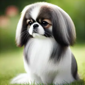 Ein Japan Chin mit kürzerem, glattem Fell, das etwas weniger voluminös ist als das typische lange, seidige Fell der Rasse. Der Hund sitzt auf weichem Gras im Freien