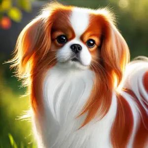Ein rot-weißer Japan Chin mit einem seidigen Fell und warmen roten Abzeichen, die symmetrisch auf einem weißen Grund verteilt sind. Der Hund steht in einem sonnigen Garten