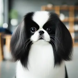 Ein schwarz-weißer Japan Chin mit weißem Grundfell und symmetrischen schwarzen Flecken über den Augen, Ohren und am Rücken