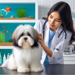 Ein kleiner Löwenhund auf dem Untersuchungstisch beim Tierarzt. Eine Tierärztin untersucht den kleinen Hund