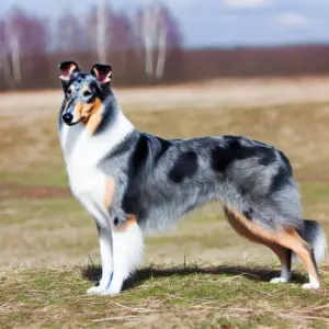 Ein Kurzhaar Smooth Collie mit einem Blue Merle-Fell steht selbstbewusst vor auf einer Wiese