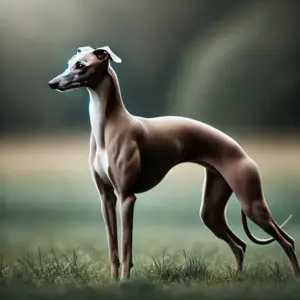 Ein eleganter Kurzhaar Whippet steht anmutig auf einem grasbewachsenen Feld. Der Hund hat ein glattes, kurzes Fell, das eng am Körper anliegt