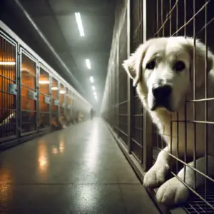 Ein trauriger weisser Kuvasz in Not sitzt im Tierheim und wartet auf eine zweite Chance und Adoption