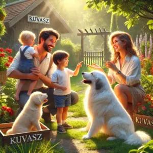 Familie besucht den Züchter um sich nach Beratung einen Kuvasz Welpen zu kaufen