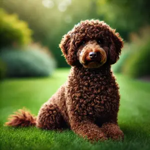 Ein Lagotto Romagnolo mit dunkelbraunem, lockigem Fell sitzt entspannt auf grünem Gras