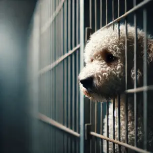 Lagotto Romagnolo in Not sitzt traurig hinter Metallgittern in einem Tierheim und wartet auf seine zweite Chance und Adoption