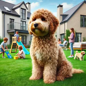 Ein Lagotto Romagnolo aus internationaler Zuchtlinie mit gold-braunem, gelocktem Fell sitzt auf einem gepflegten Rasen vor einem modernen Familienhaus
