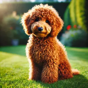 Ein Lagotto Romagnolo mit leuchtendem orangefarbenem, lockigem Fell sitzt auf einer Wiese.