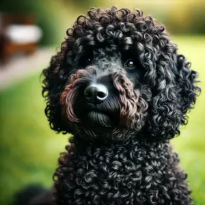 Lagotto Romagnolo mit schwarzem, lockigem Fell sitzt ruhig auf grünem Gras eines Vorgartens. Die außergewöhnliche schwarze Fellfarbe, obwohl nicht offiziell anerkannt, zeigt die lockige Struktur und das faszinierende Erscheinungsbild der Rasse